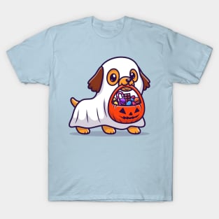 Cute Ghost Dog With Pumpkin Halloween Cartoon T-Shirt